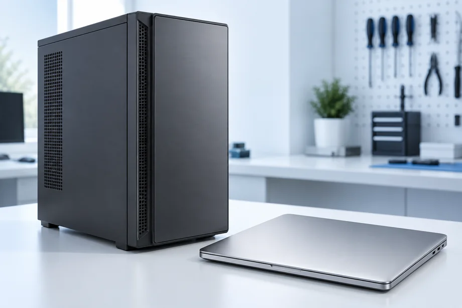 Computador e notebook em uma bancada técnica